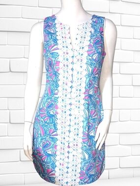 ʕ·ᴥ·ʔ Lilly Pulitzer Blue and Pink Sleeveless Mini Dress with White Lace Trim